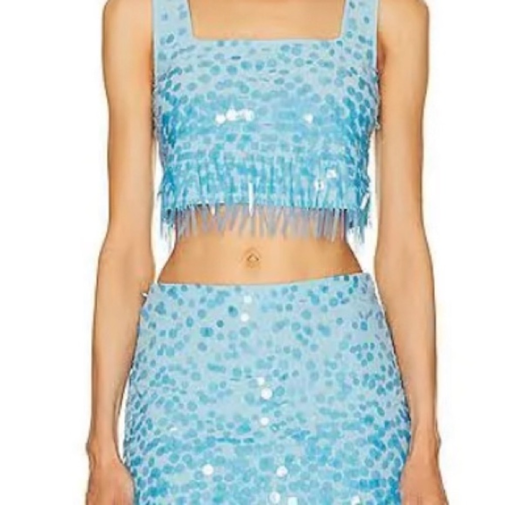 ✨STAUD Jasmin Crop Top & Rebecca Skirt Set - Sequin Fringe, Light Blue sz S & M✨